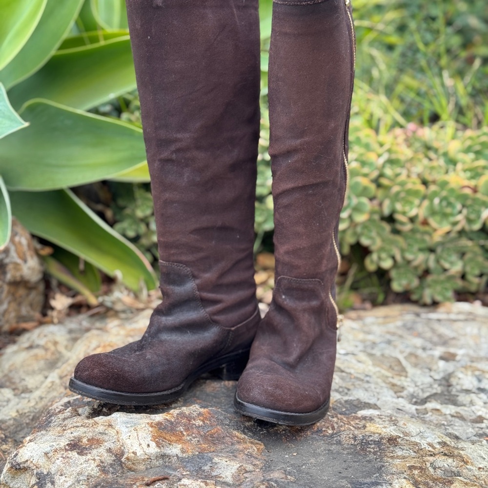 Jimmy Choo Brown Over the Knee Boots with Chunky Heel and Soft Suede Texture